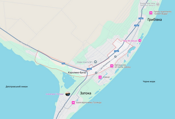Каролино-Бугаз. Карта Расположение на карте курорта Каролино-Бугаз